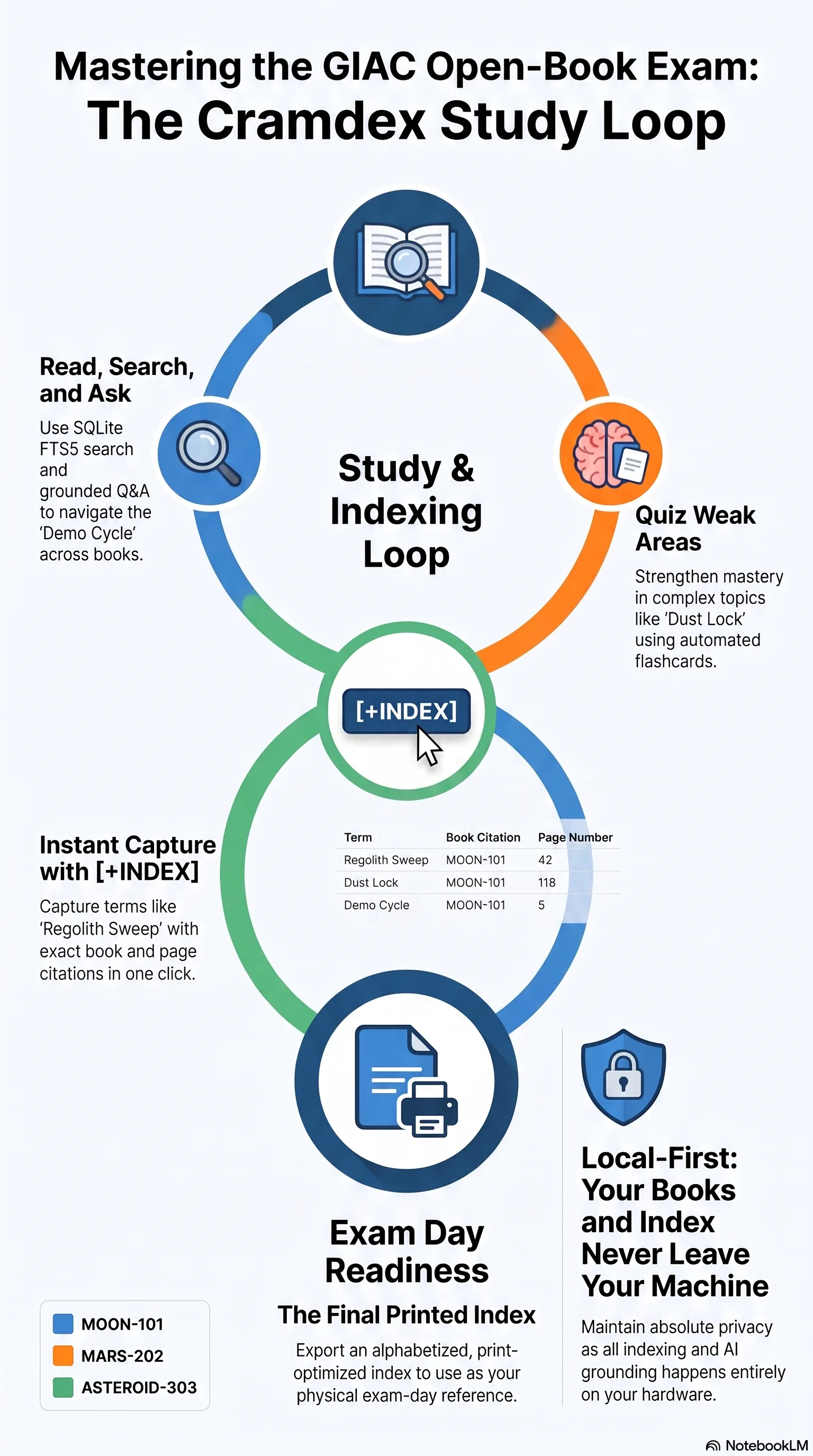 Infographic covering the GIAC open-book exam problem, the cramdex study loop of reading, searching, quizzing, and capturing citations, and the printed index it produces on exam day, illustrated with fictional MOON-101 course terms