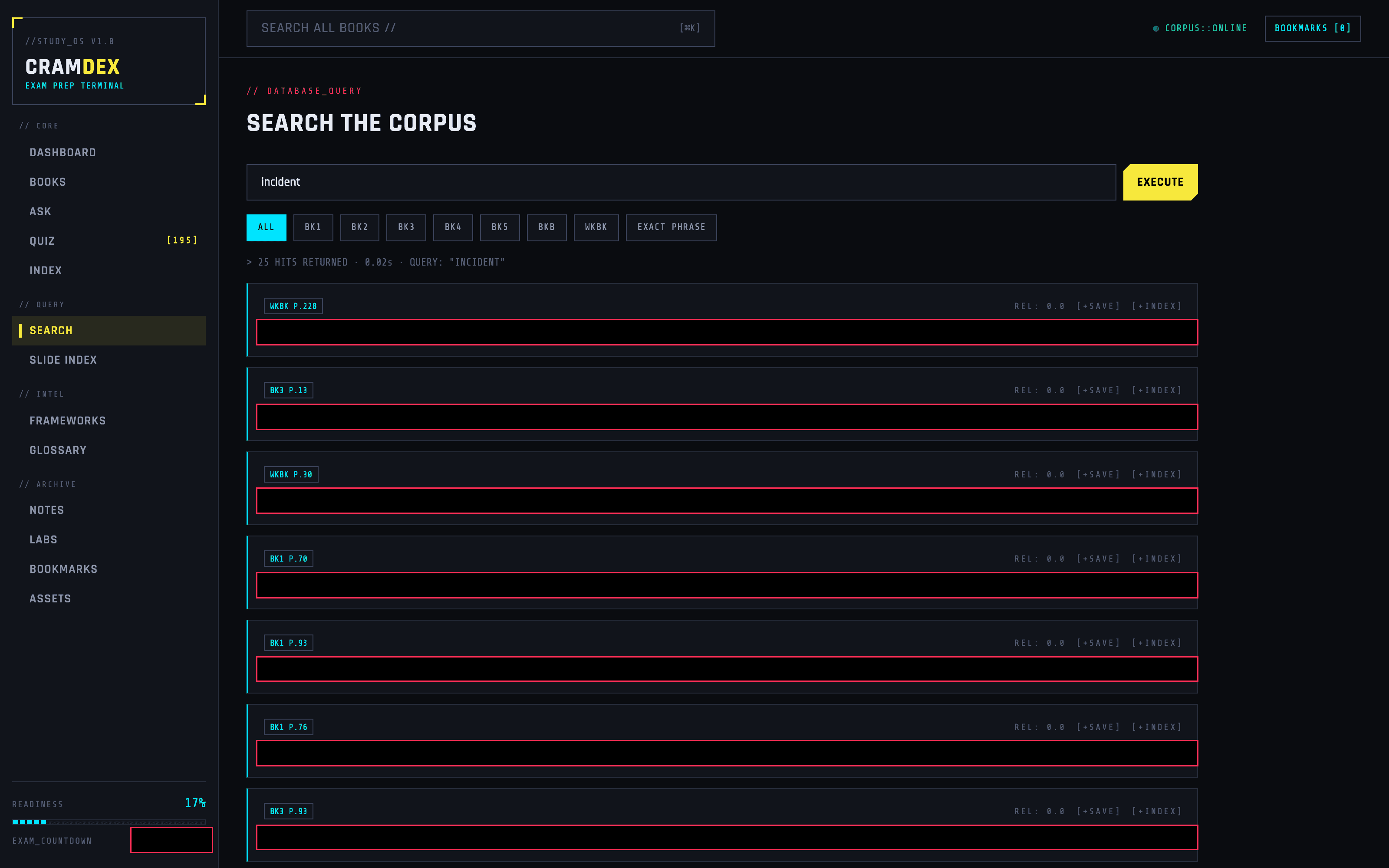 Cramdex search results against the real LDR553 corpus with every result snippet redacted; the citation chips, book filters, and index capture buttons remain visible