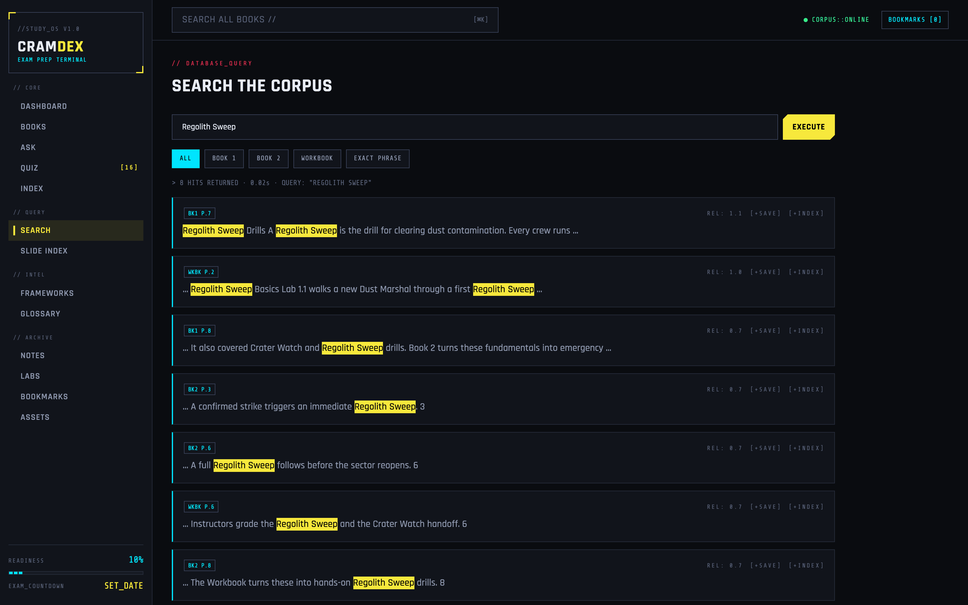 Cramdex search results for the term Regolith Sweep, showing per-hit citations with SAVE and INDEX buttons