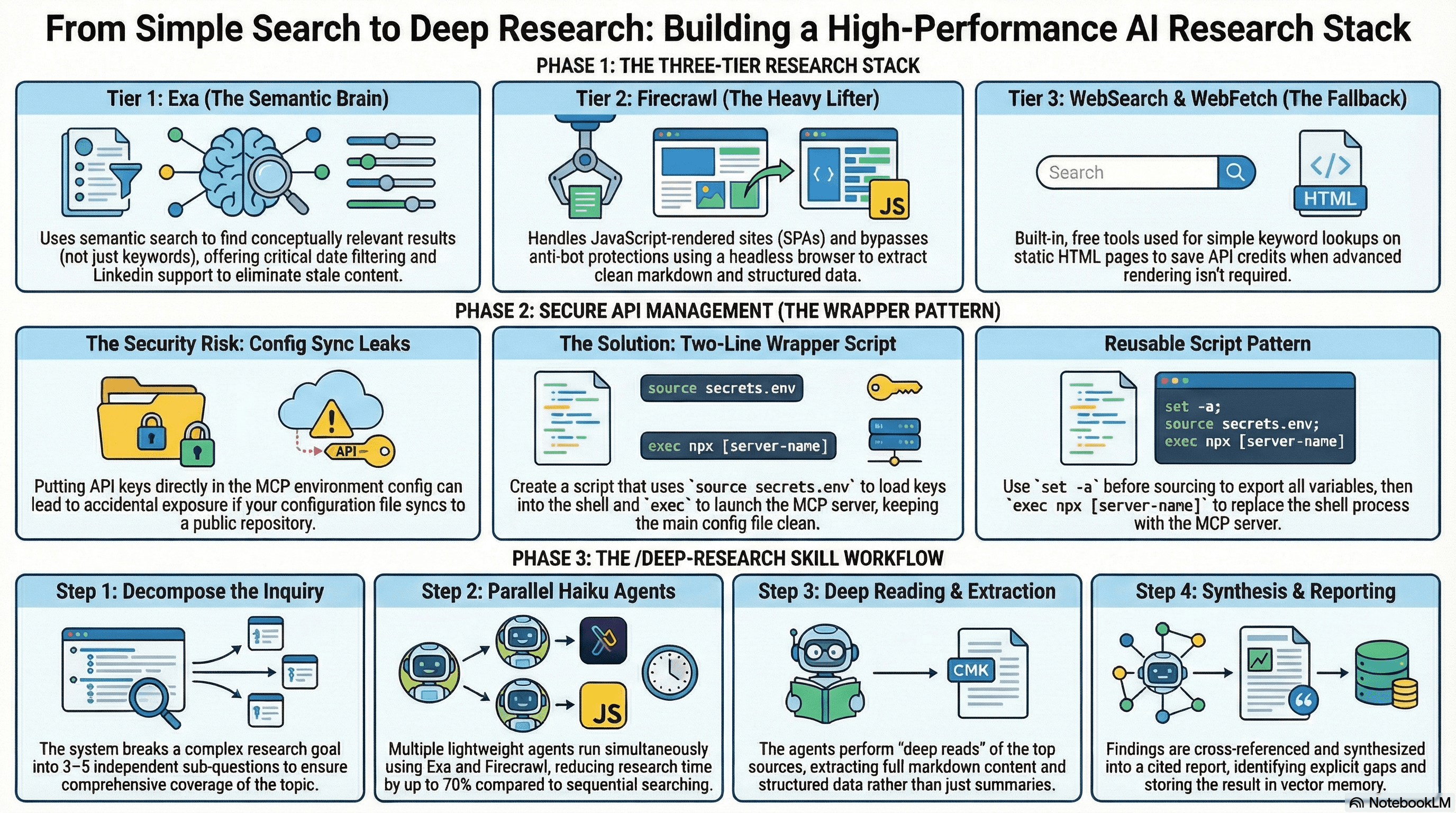 The three-tier research stack, wrapper script pattern, and deep-research workflow