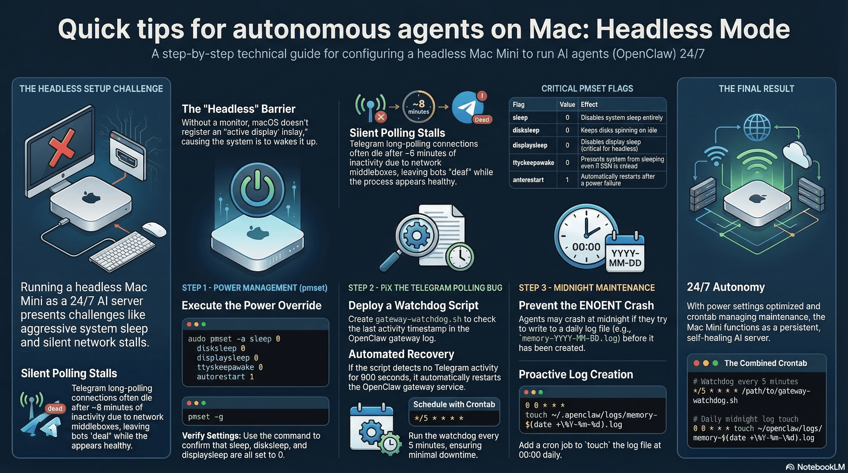 Visual overview of the three headless Mac Mini fixes — power management, gateway watchdog, and daily log creation