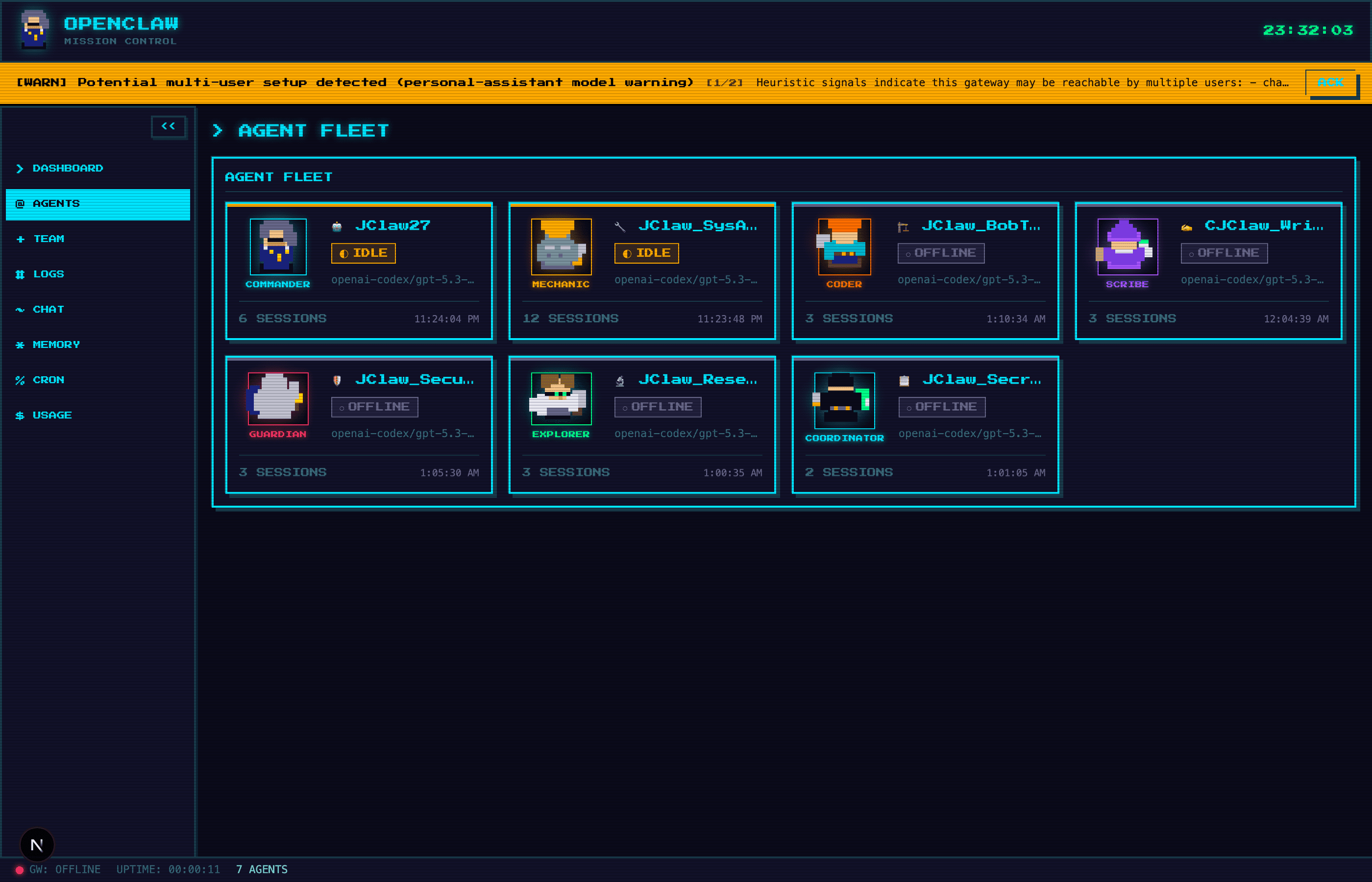 Agent Fleet page showing all 7 agents with status badges, model assignments, session counts, and last active timestamps