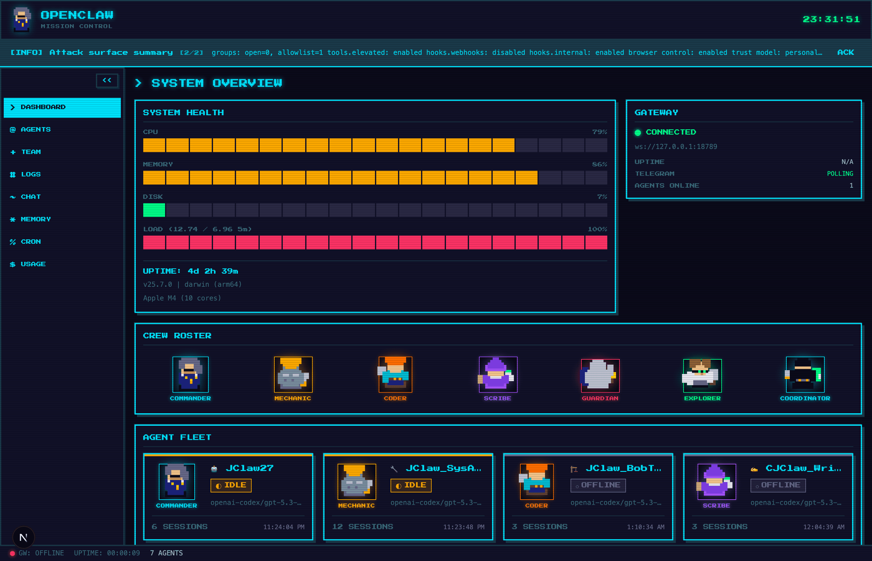 Mission Control main dashboard: System Health panel with CPU/Memory/Disk pixel bars, Gateway connected status, 7-agent Crew Roster with pixel sprites, and Agent Fleet status grid