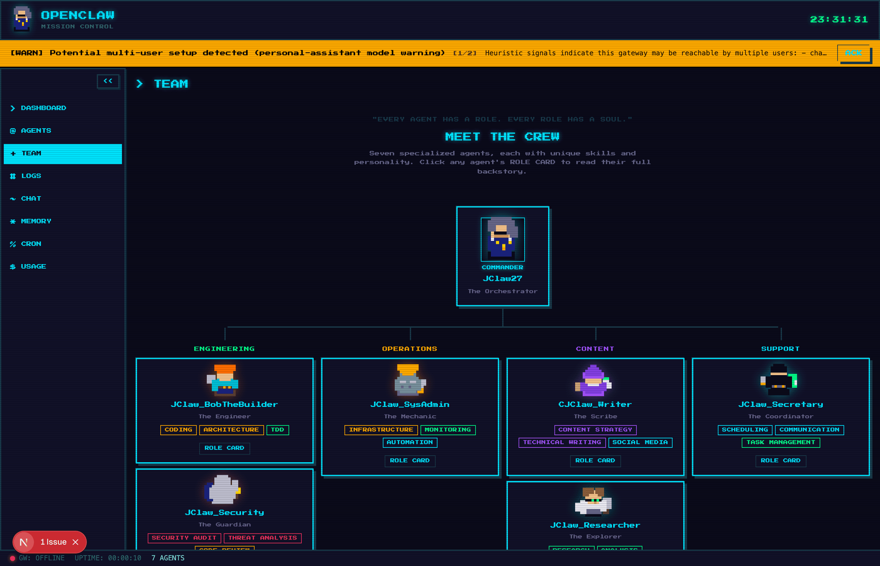 Mission Control Team page showing the MEET THE CREW hero section with pixel art banner, and the beginning of the org chart with JClaw27 as commander at the top