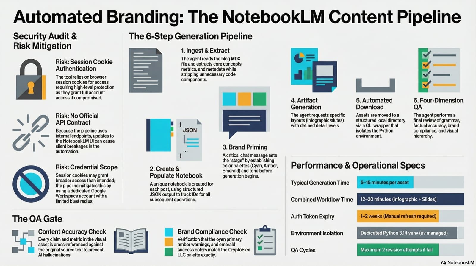 Automated Branding: the NotebookLM Content Pipeline, 6-step generation process with security audit and QA gate