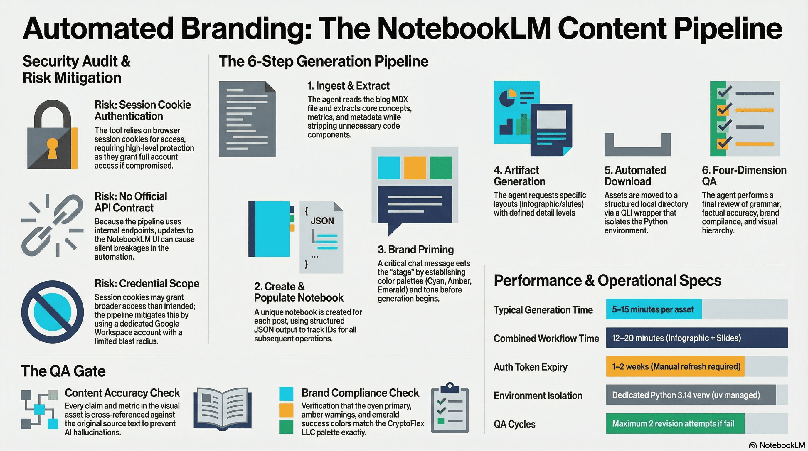 Automated Branding — the NotebookLM Content Pipeline, 6-step generation process with security audit and QA gate