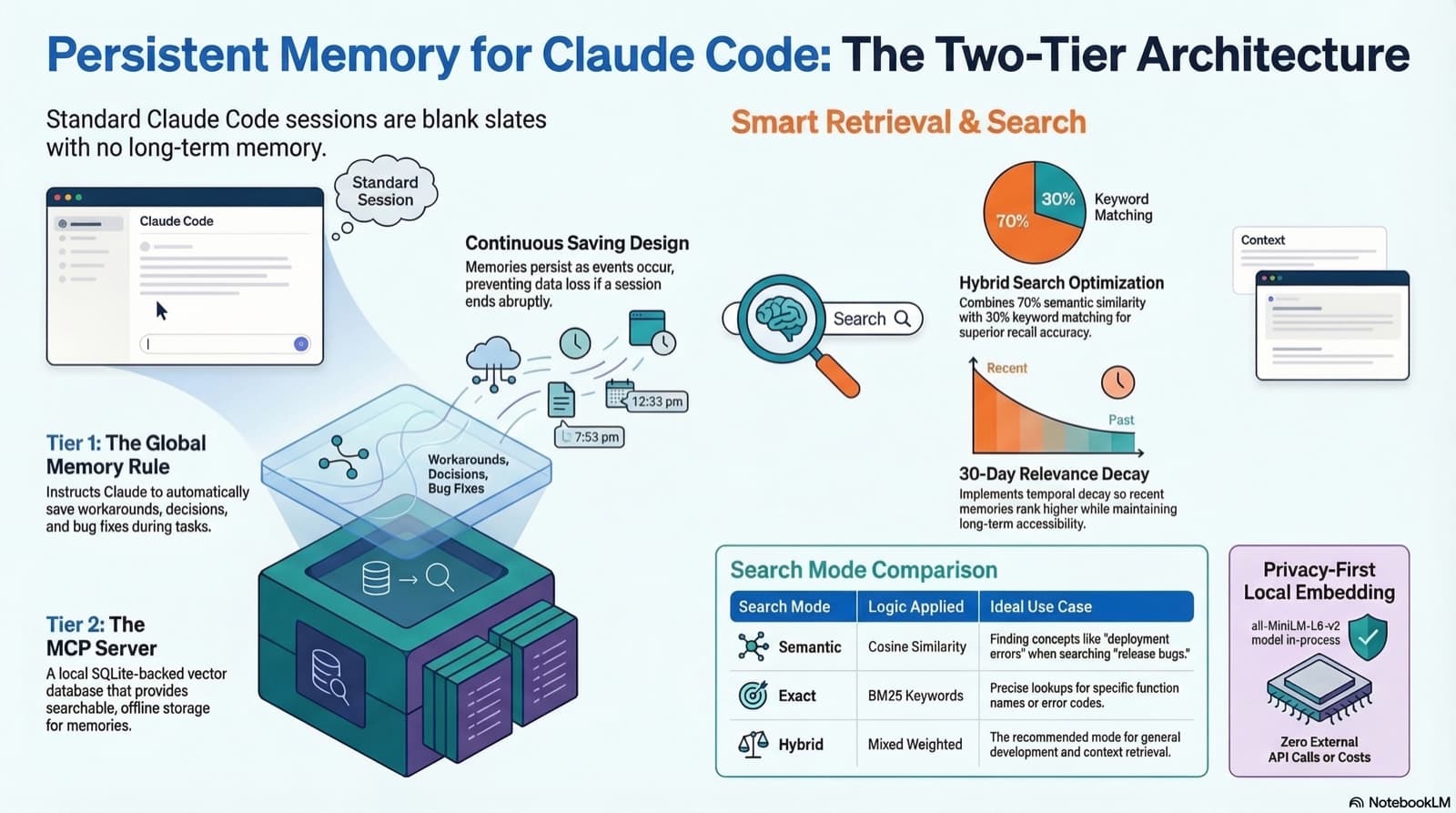 Two-tier persistent memory architecture for Claude Code: global memory rule, MCP server with hybrid search, 30-day temporal decay, and local embedding