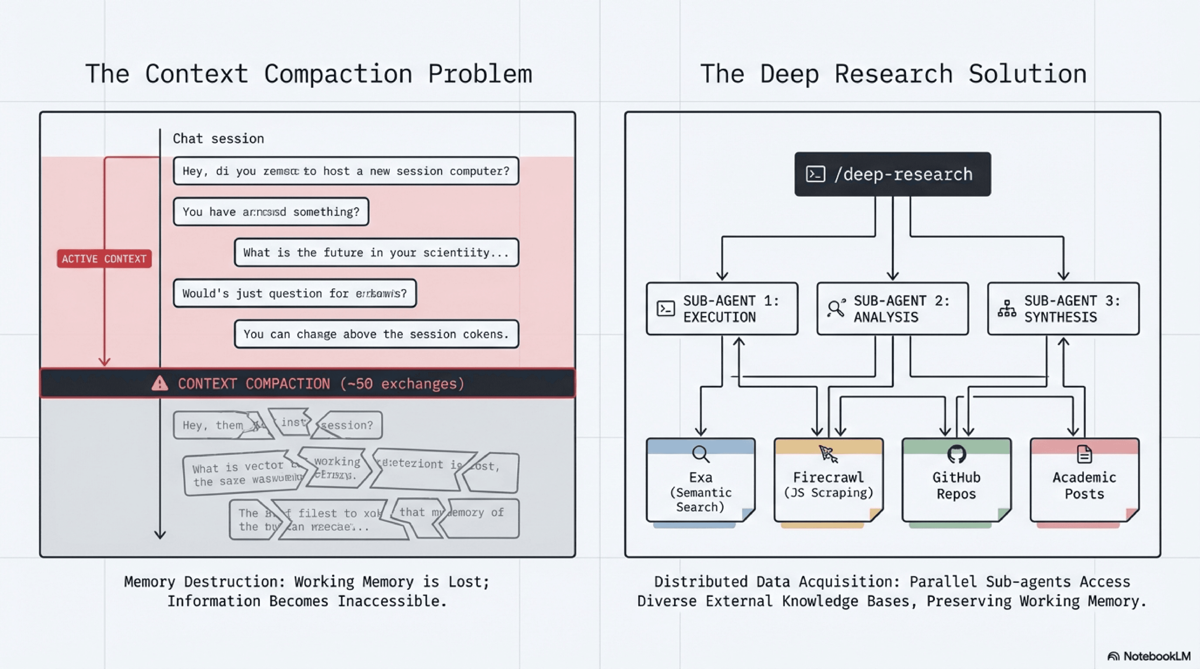 Context compaction destroys working memory; deep-research accesses persistent external sources in parallel