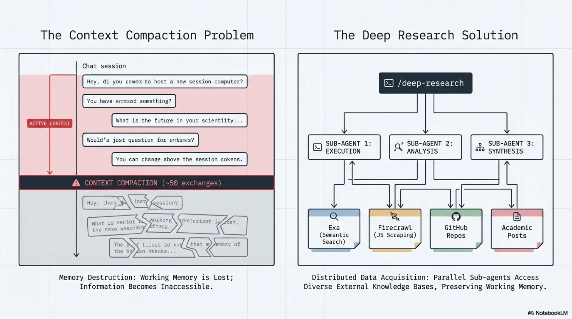 Context compaction destroys working memory; deep-research accesses persistent external sources in parallel