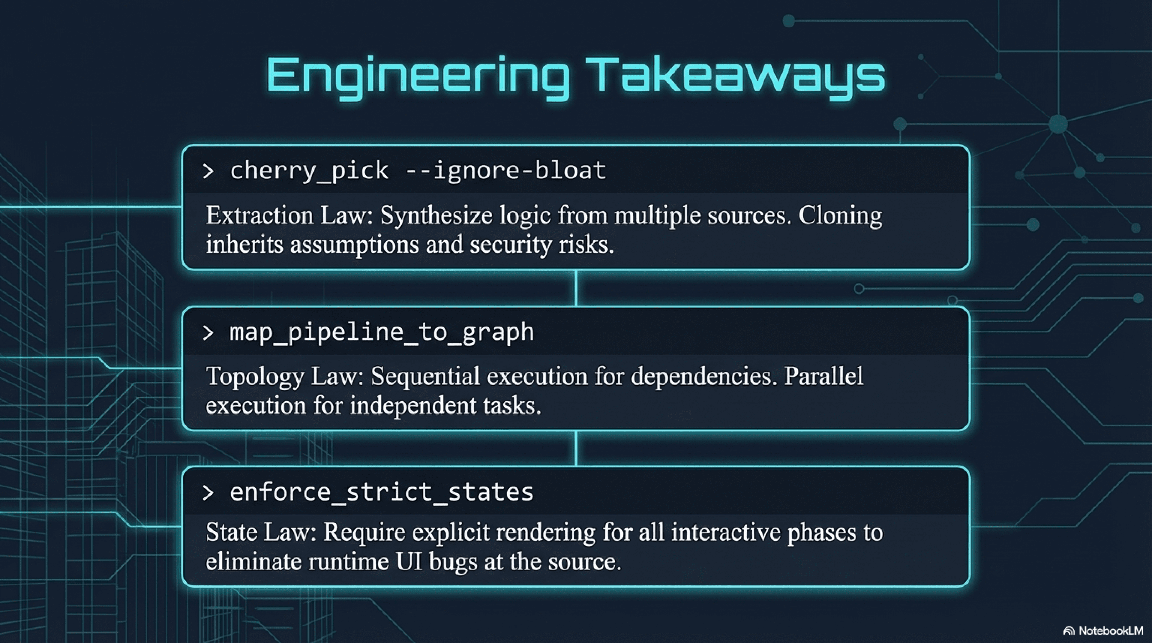 Engineering takeaways: cherry-pick over cloning, map pipeline topology to dependency graph, enforce strict states for all interactive elements