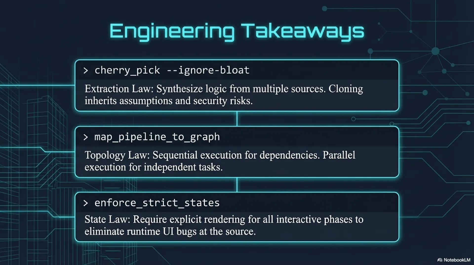 Engineering takeaways: cherry-pick over cloning, map pipeline topology to dependency graph, enforce strict states for all interactive elements