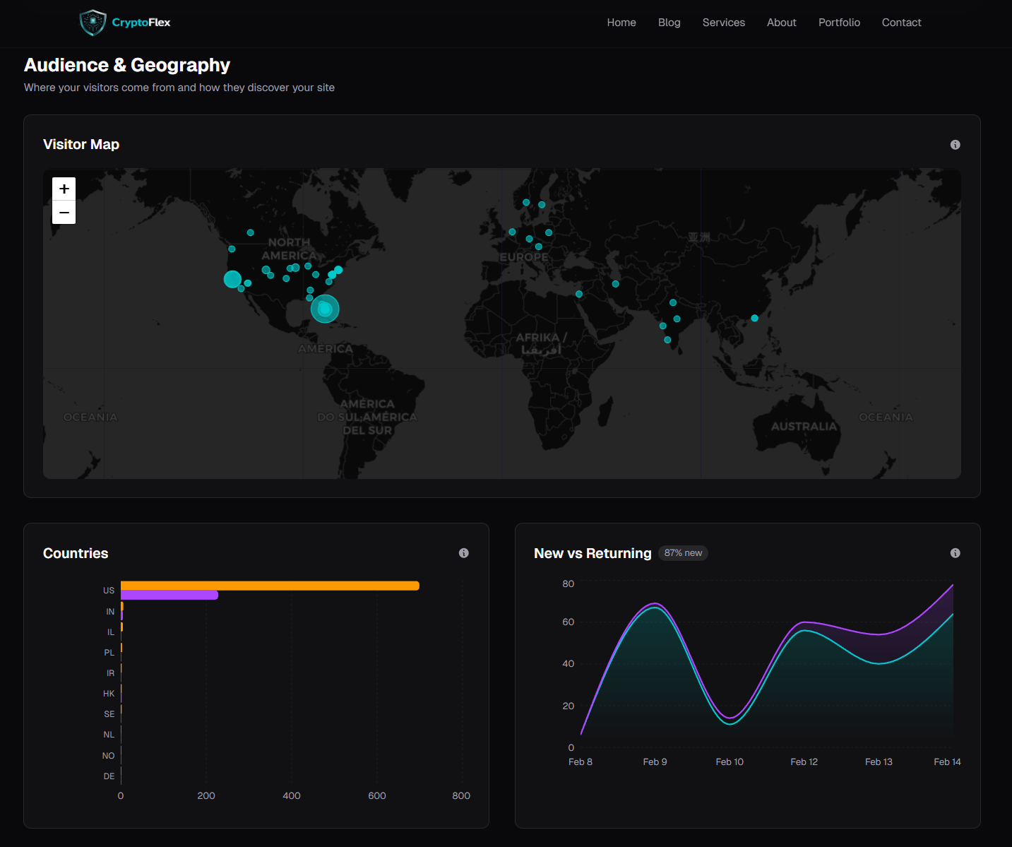Audience section showing the visitor world map, countries breakdown, and new vs. returning visitors