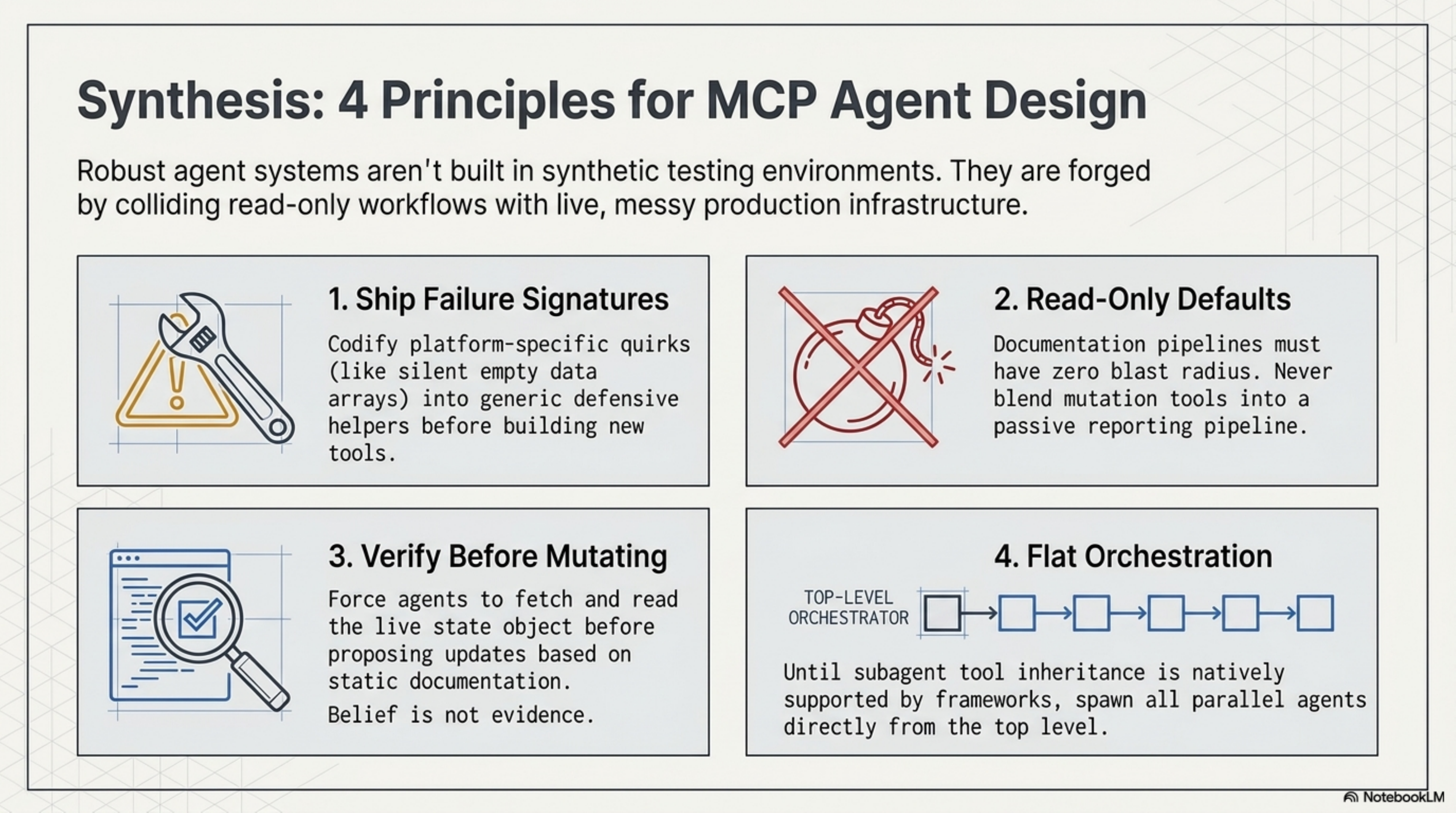 Slide of four principles for MCP agent design. One: ship failure signatures. Codify platform-specific quirks like silent empty data arrays into generic defensive helpers before building new tools. Two: read-only defaults. Documentation pipelines must have zero blast radius, never blend mutation tools into a passive reporting pipeline. Three: verify before mutating. Force agents to fetch the live state object before proposing updates based on static documentation, belief is not evidence. Four: flat orchestration. Until subagent tool inheritance is natively supported, spawn all parallel agents directly from the top level.