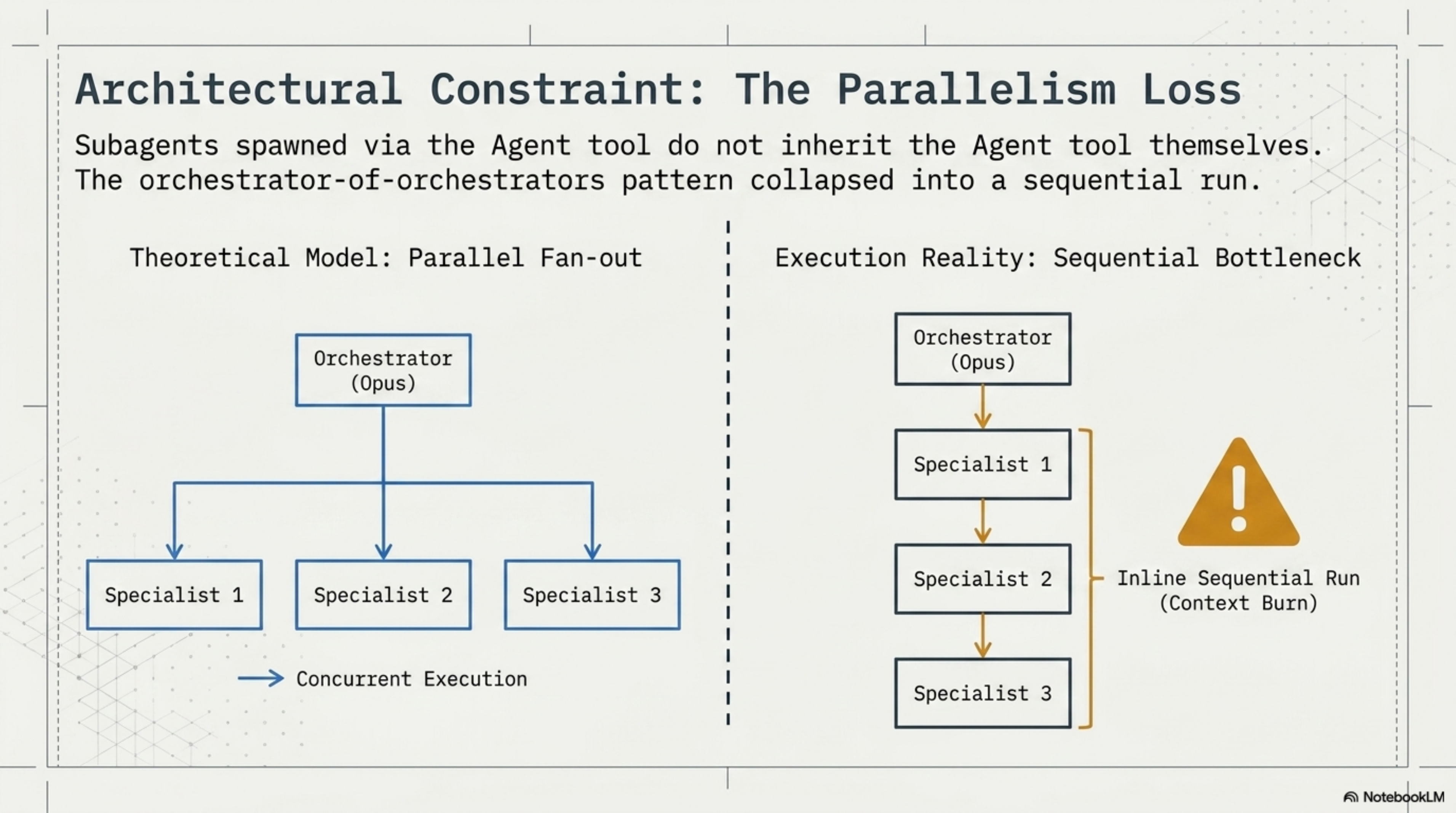 Slide contrasting the theoretical parallel fan-out model with the actual sequential bottleneck. Theoretical: the Opus orchestrator spawns three specialists concurrently. Reality: subagents spawned via the Agent tool do not inherit the Agent tool themselves, so the orchestrator runs each specialist inline one after another, burning context on every role.