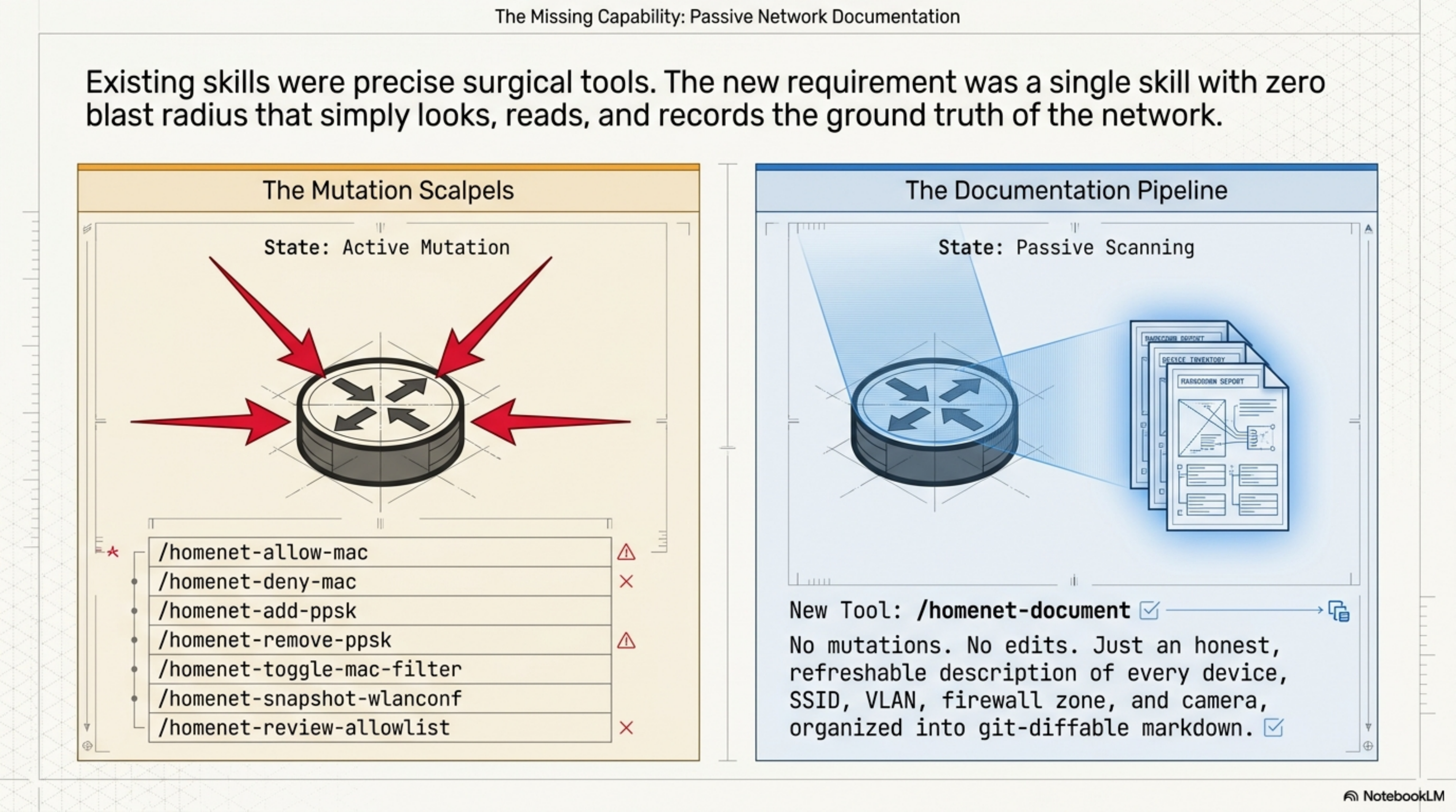 Slide contrasting the seven existing /homenet-* mutation scalpels (allow-mac, deny-mac, add-ppsk, remove-ppsk, toggle-mac-filter, snapshot-wlanconf, review-allowlist) with the new /homenet-document skill: no mutations, no edits, just a refreshable git-diffable description of every device, SSID, VLAN, firewall zone, and camera.