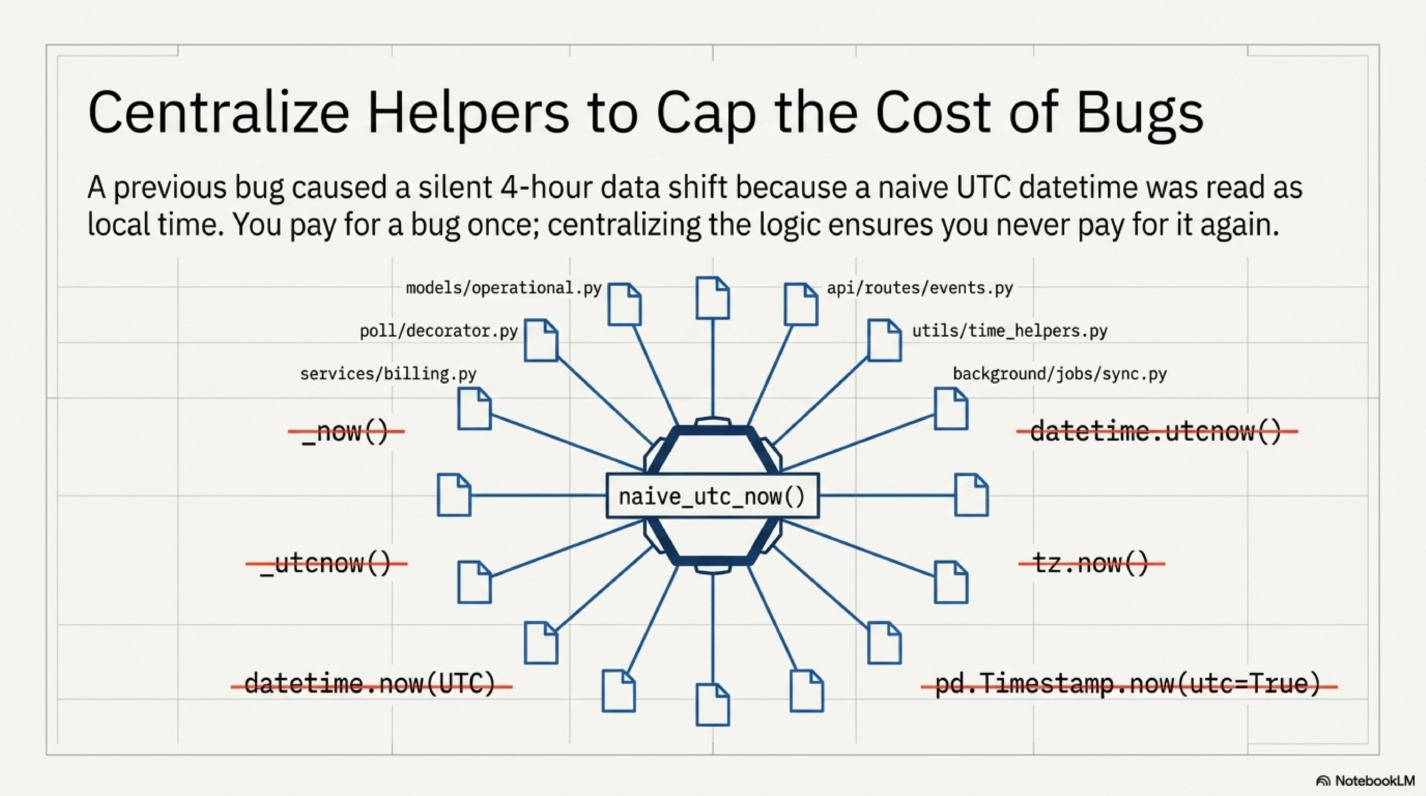 Centralize helpers to cap the cost of bugs: 14 backend files now converge on a single naive_utc_now() helper, replacing every prior datetime.now(), datetime.utcnow(), pd.Timestamp.now(utc=True), and inline UTC-strip pattern. Centralizing one helper makes the next TZ bug cost ten minutes instead of an afternoon.